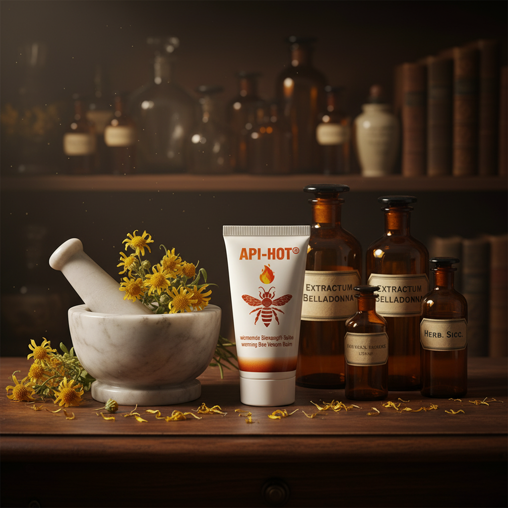 Ein stilvolles Produktfoto der API-HOT® wärmenden Bienengift-Salbe in einer Apotheken-ähnlichen Umgebung. Die weiße Tube der Salbe steht prominent auf einer dunklen Holzoberfläche. Rechts davon befinden sich mehrere alte, braune Glasflaschen mit Etiketten wie "EXTRACTUM BELLADONNA" und "HERB. SICC.". Links von der Salbe steht ein weißer Marmormörser mit Stößel, gefüllt und umgeben von frischen, kleinen gelben Arnika-Blüten. Der Hintergrund zeigt unscharfe Holzregale mit weiteren Apothekerflaschen und alten