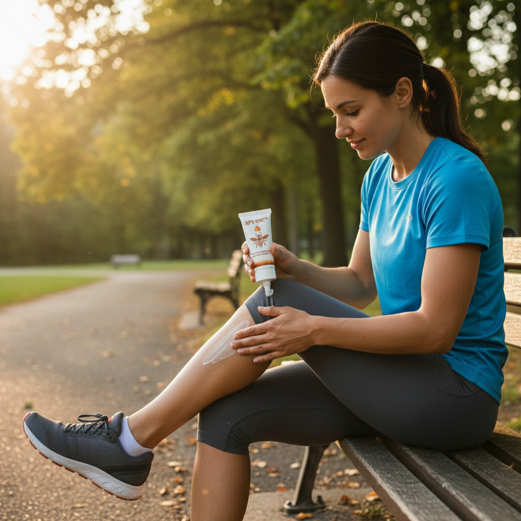 Ein gut aussehende Frau, ungefähr 30 Jahre alt, sitzt auf einer Parkbank bei Sonnenuntergang und massiert sich API-HOT® Salbe auf die Wade. Sie trägt ein blaues T-Shirt, eine graue Sporthose und Sportschuhe. Sie hat ein warmes, zufriedenes Lächeln auf dem Gesicht, während sie die Salbe einreibt. Der Hintergrund zeigt einen friedlichen Park mit Bäumen, Bänken und goldenem Sonnenlicht, das durch die Blätter scheint.