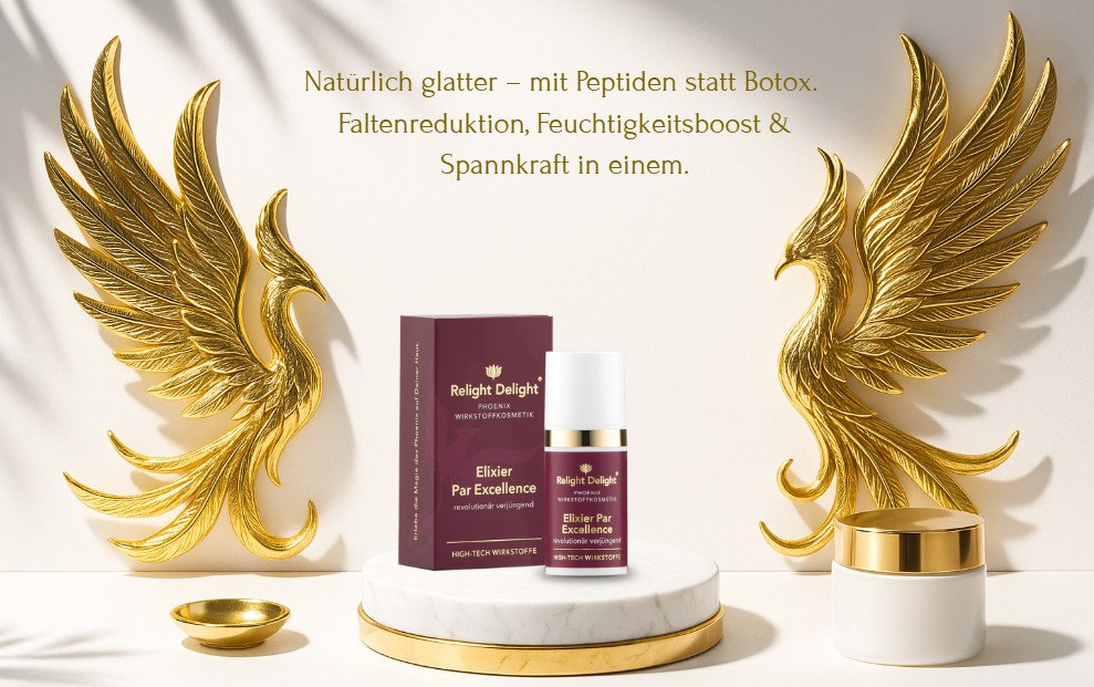 "Phoenix Elixier Par Excellence - Luxuriöser Hintergrund für revolutionäres Anti-Aging Serum in Gold-Tönen"