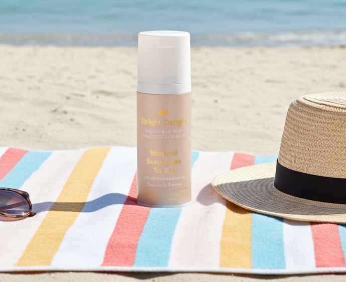 Essentials Plus Mineral Sunscreen To Go - Natürlicher Sonnenschutz für unterwegs, Dose mit weißem Deckel auf Hnadtuch am Strand, mit Sonnenhut und Sonnenbrille daneben