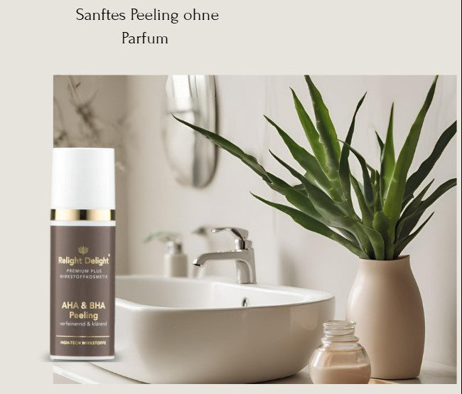 "AHA BHA Peeling Lifestyle Setting - Modernes Badezimmer mit Aloe Vera für natürliche, parfümfreie Hautpflege"