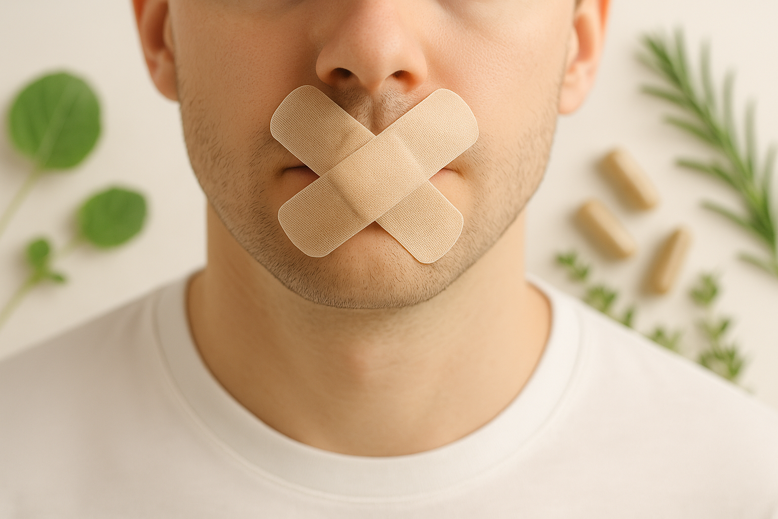 „Health Claims Symbolbild – Pflaster am Mund als Zeichen für gesetzliche Einschränkungen bei Nahrungsergänzungsmitteln“