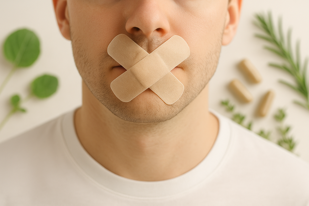 „Health Claims Symbolbild – Pflaster am Mund als Zeichen für gesetzliche Einschränkungen bei Nahrungsergänzungsmitteln“