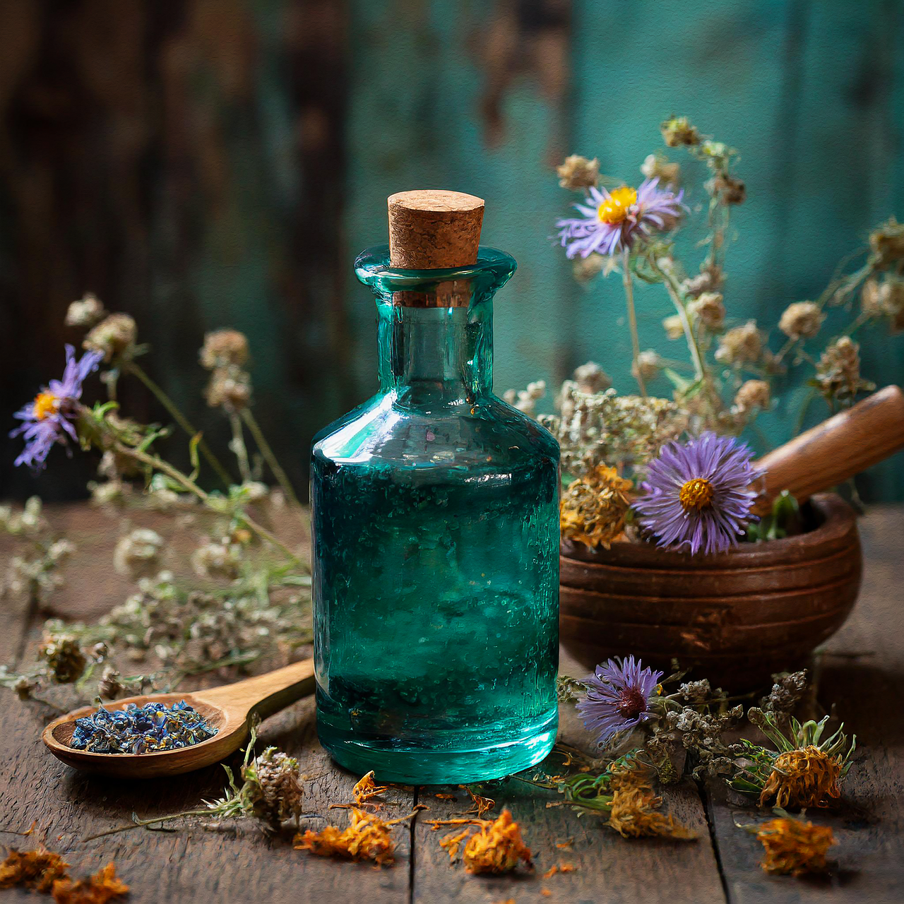 Ätherisches Öl in Flasche mit Korken und Blüten