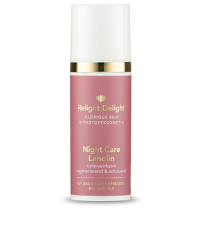 Roséfarbene Tube,sehr edel mit gold und weißer Aufschrift: Glorious Skin - Night Care Lanolin, tiefenwirksam regenerierend und schützend,  50ml von Relight Delight