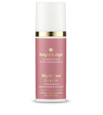 Roséfarbene Tube,sehr edel mit gold und weißer Aufschrift: Glorious Skin - Night Care Lanolin, tiefenwirksam regenerierend und schützend,  50ml von Relight Delight