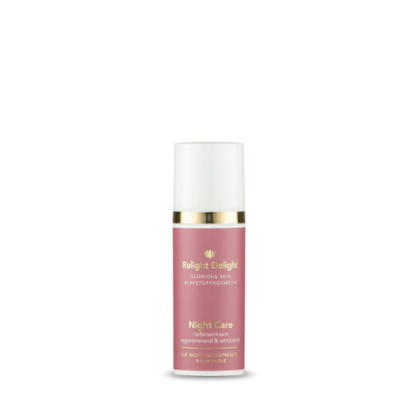 Edle Tube in Rosé mit goldener und weißer Aufschrift: Glorious Skin - Night Care , tiefenwirksam regenerierend und schützend 50ml, auf basis kaltgepresster Bio Wirköle von - Relight Delight