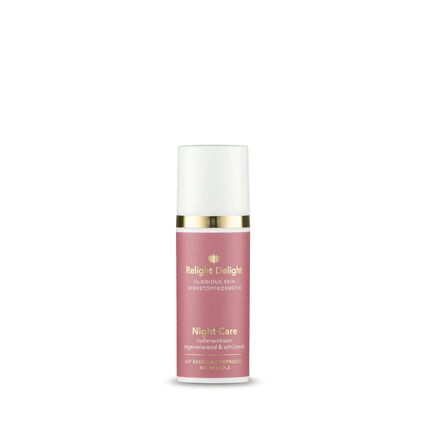 Edle Tube in Rosé mit goldener und weißer Aufschrift: Glorious Skin - Night Care , tiefenwirksam regenerierend und schützend 50ml, auf basis kaltgepresster Bio Wirköle von - Relight Delight