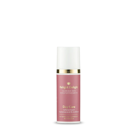 Tube in edlem Altrosa mit goldener Aufschrift: Relight Delight Glorious Skin - Day Care - unbeduftet - tiefenwirksam hydratisierend & straffend 50ml 