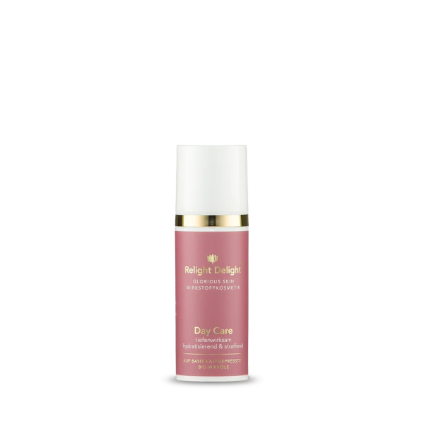 Tube in edlem Altrosa mit goldener Aufschrift: Relight Delight Glorious Skin - Day Care - unbeduftet - tiefenwirksam hydratisierend & straffend 50ml 