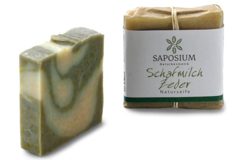 Handgemachte Saposium Schafmilchseife Zeder – milde Naturseife mit grüner Marmorierung