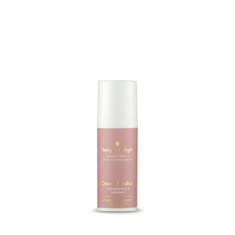 Roséfarbene Tube mit weißem Deckel mit Beschriftung Relight Delight und Cream Medium in goldener Schrift, Beauty Basics Wirkstoffkosmetik, hydratisierend und belebend in weißer Schrift