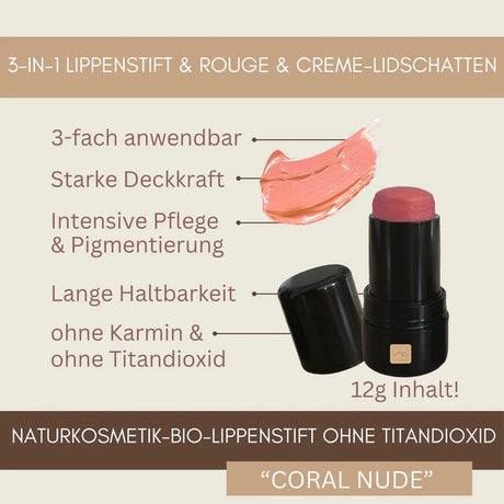 Swatches der 4 Luxury 3‑in‑1 Bio Lippenstift Nuancen – cremige Naturkosmetik ohne Titandioxid