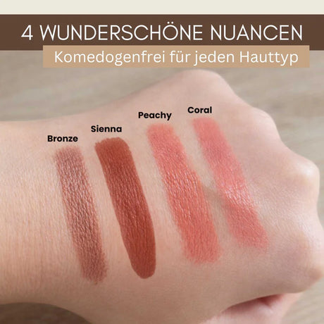 Luxury 3‑in‑1 Bio Lippenstift – 4 Nuancen ohne Titandioxid: Coral Nude, Golden Sienna, Peachy Nude, Soft Bronze Nude