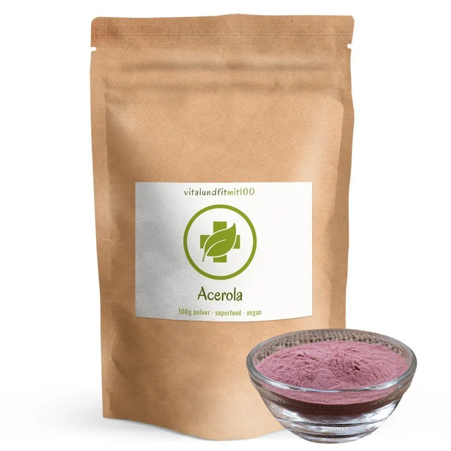 vitalundfitmit100 Acerola Pulver – reines rosa Fruchtpulver aus der Acerola-Kirsche