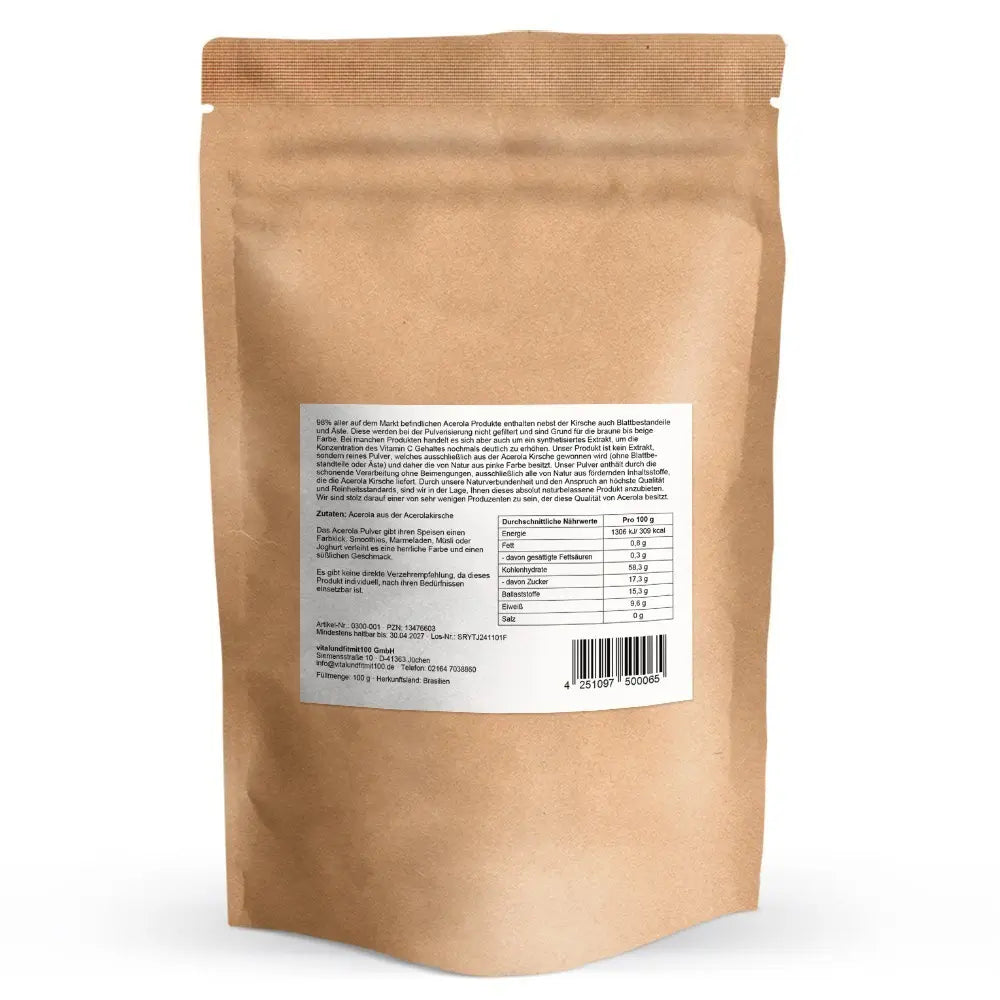 Rückseite Standbeutel vitalundfitmit100 Acerola Pulver aus Brasilien