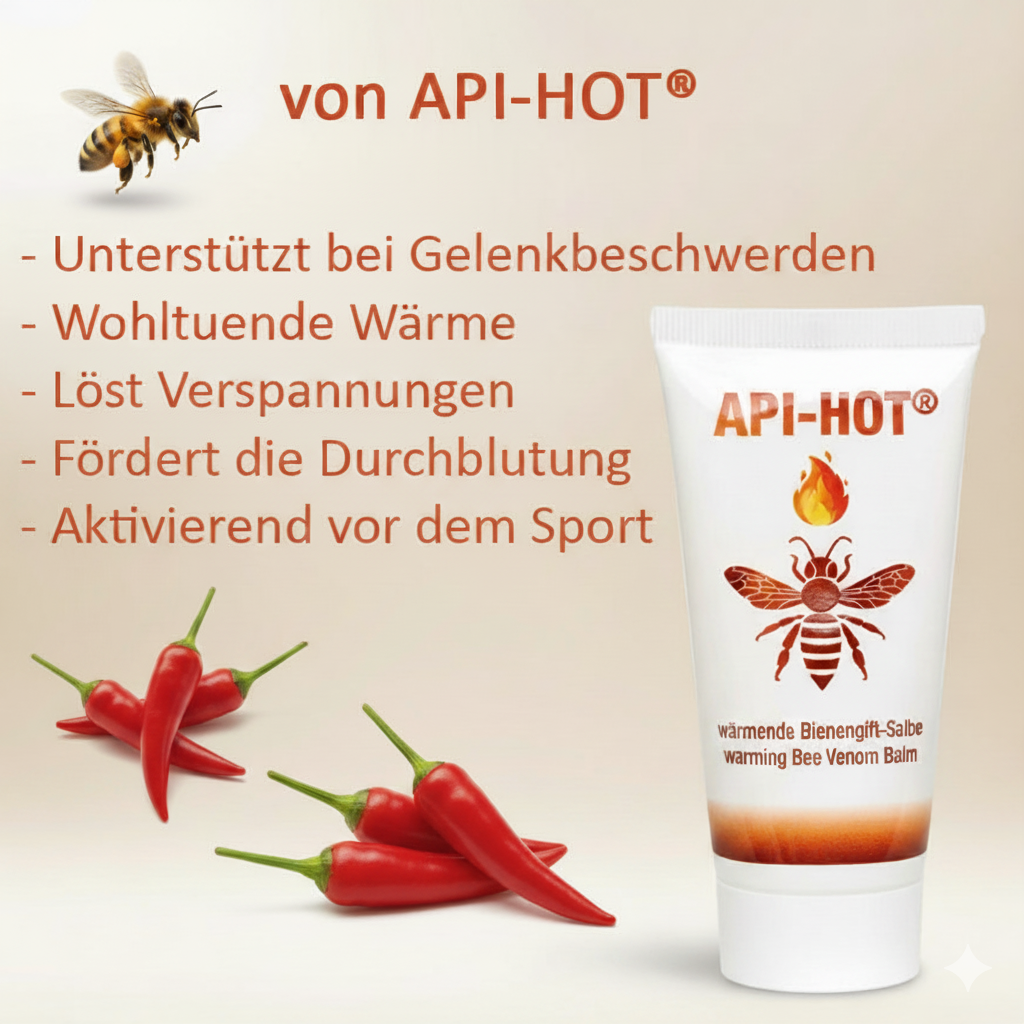 Ein Marketingbild für die API-HOT® wärmende Bienengift-Salbe. Auf der rechten Seite ist eine weiße Tube der Salbe zu sehen, die ein Flammen- und Bienenlogo trägt. Links davon sind fünf rote Chilischoten gruppiert. Oben links schwebt eine Biene. Der Text auf dem Bild lautet "Vorteile von API-HOT®" gefolgt von einer Liste: "Unterstützt bei Gelenkbeschwerden", "Wohltuende Wärme", "Löst Verspannungen", "Fördert die Durchblutung", "Aktivierend vor dem Sport"