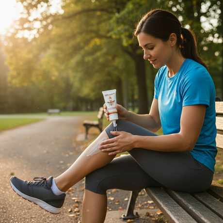 Ein gut aussehende Frau, ungefähr 30 Jahre alt, sitzt auf einer Parkbank bei Sonnenuntergang und massiert sich API-HOT® Salbe auf die Wade. Sie trägt ein blaues T-Shirt, eine graue Sporthose und Sportschuhe. Sie hat ein warmes, zufriedenes Lächeln auf dem Gesicht, während sie die Salbe einreibt. Der Hintergrund zeigt einen friedlichen Park mit Bäumen, Bänken und goldenem Sonnenlicht, das durch die Blätter scheint.