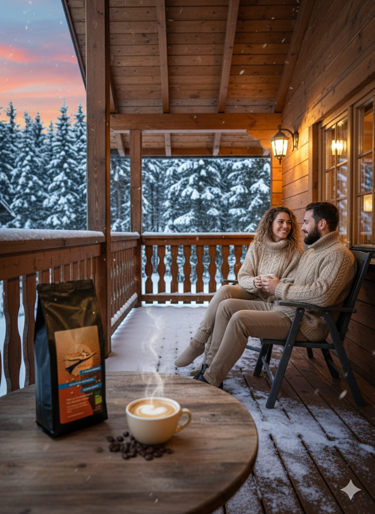 Gerne, hier ist ein Alttext für das Bild:

"Eine schwarze Packung 'lupino arabica' mit einem Label in Braun- und Blautönen steht auf einem runden Holztisch, davor eine dampfende Tasse Kaffee mit Latte Art und verstreuten Kaffeebohnen. Das Produktlabel hebt '2 Welten vereint', 'doppelter Geschmack' und 'halbes Koffein' hervor, inklusive des Bioland-Siegels. Im Hintergrund sitzen ein Mann und eine Frau in passenden beigefarbenen Strickpullovern auf Stühlen auf einer verschneiten Holzveranda eines Ferienhauses