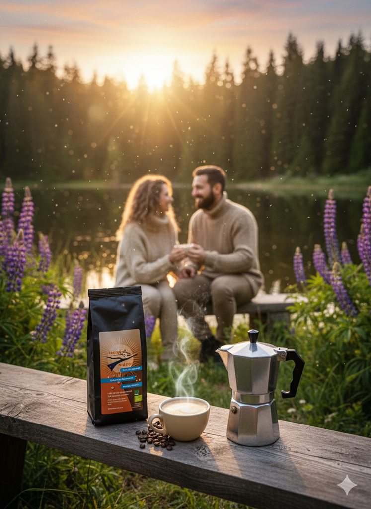 Eine schwarze Packung 'lupino arabica' mit einem Label in Braun- und Blautönen steht zusammen mit einer dampfenden Kaffeetasse, verstreuten Kaffeebohnen und einem silbernen Espressokocher auf einer Holzbank im Freien. Das Label hebt '2 Welten vereint', 'doppelter Geschmack' und 'halbes Koffein' hervor, inklusive des Bioland-Siegels. Im unscharfen Hintergrund sitzen ein Mann und eine Frau in passenden beigefarbenen Strickpullovern am Ufer eines Sees, umgeben von violetten Lupinenblüten. Die Sonne geht über e