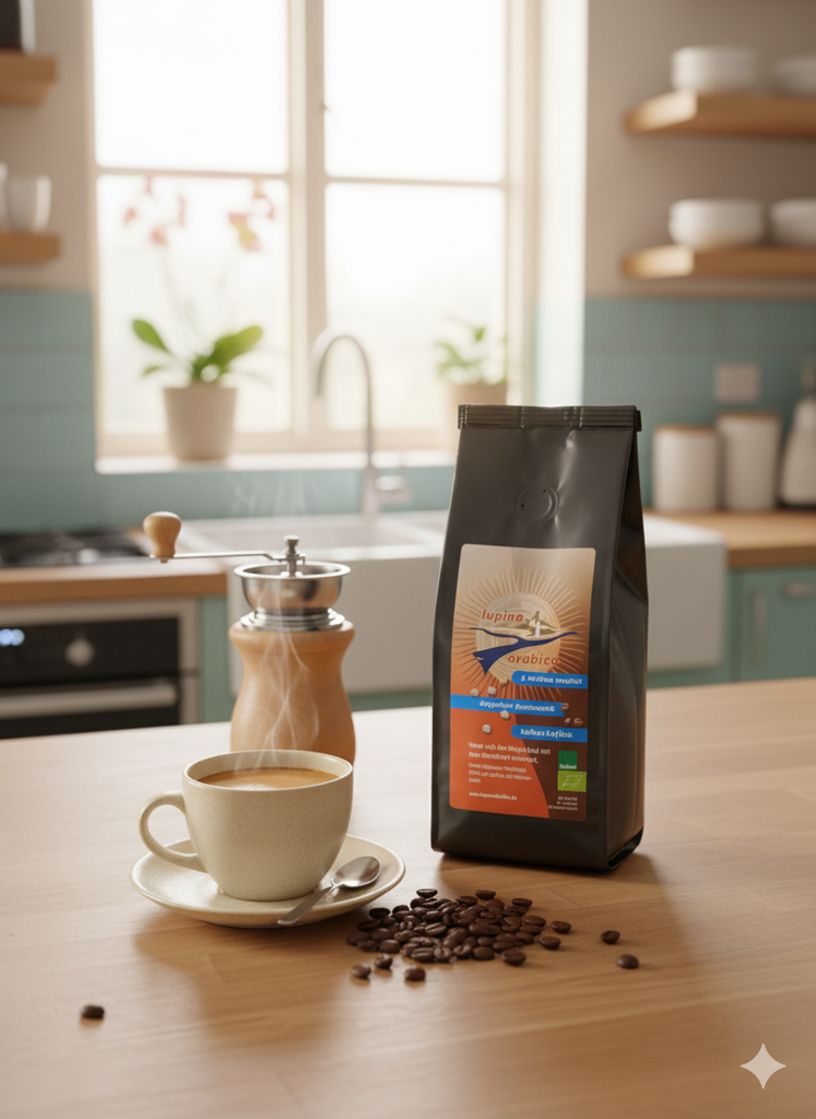 Eine schwarze Packung 'lupino arabica' mit einem Label in Braun- und Blautönen steht auf einem hellen Holztisch in einer Küche. Das Label zeigt '2 Welten vereint', 'doppelter Geschmack' und 'halbes Koffein'. Davor steht eine beigefarbene Tasse mit dampfendem Kaffee und Untertasse, daneben liegen einige Kaffeebohnen verstreut. Im Hintergrund ist eine helle Küche mit einem Fenster, einer Spüle, hellblauen Kacheln und einer hölzernen Kaffeemühle zu sehen.