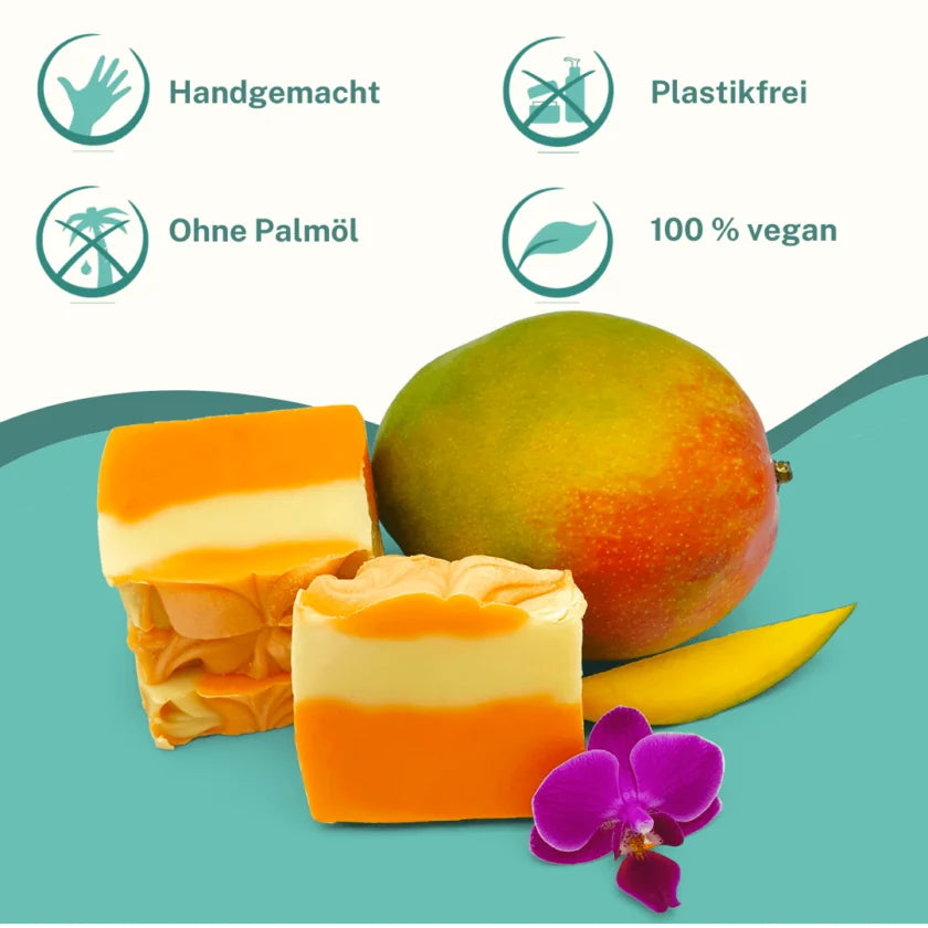 Handgemachte Mango-Kokos Seife mit exotischem Duft. Vegan, palmölfrei & pflegend – für eine kleine Auszeit im Alltag