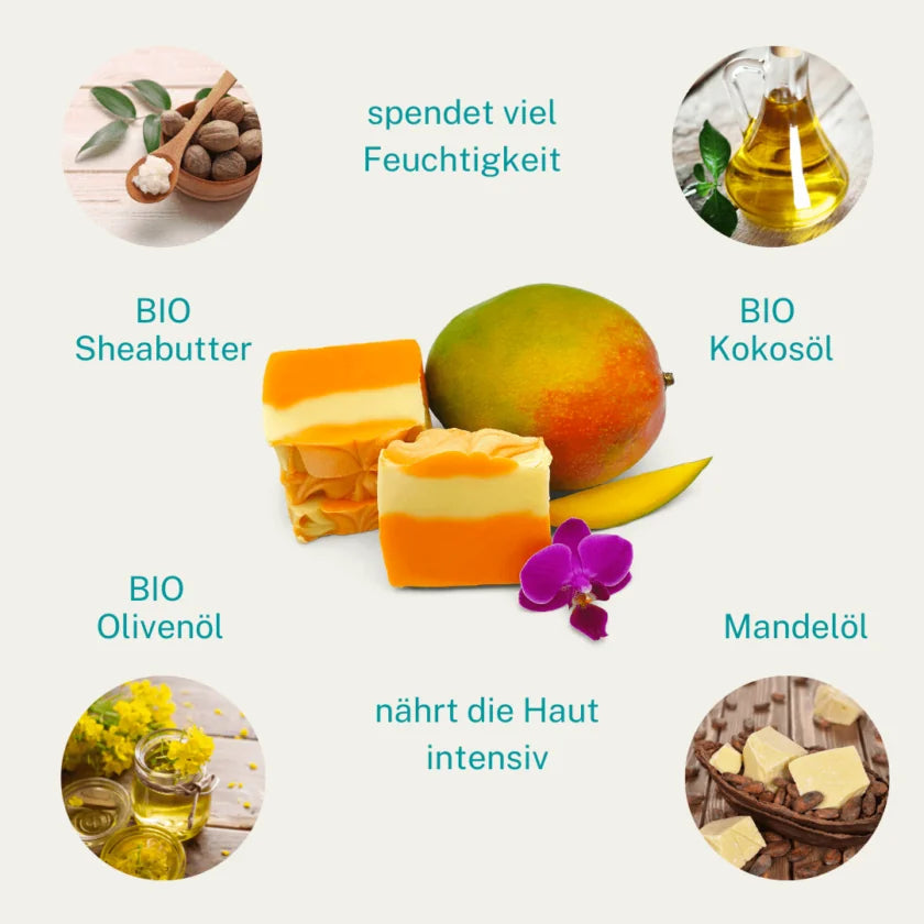 Pflegende Inhaltsstoffe der Mango Kokosseife: , BIO Olivenöl, BIO Sheabutter, Mandelöl