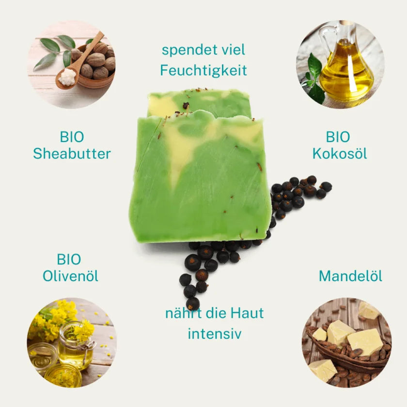Übersicht der pflegenden Inhaltsstoffe der Peelingseife: BIO Sheabutter, BIO Olivenöl, BIO Kokosöl und Mandelöl spenden Feuchtigkeit und nähren die Haut intensiv.