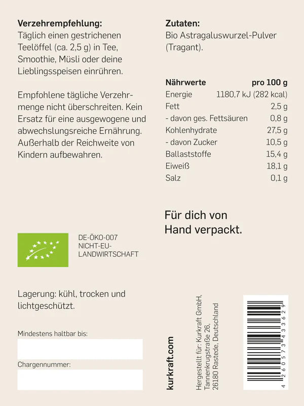 BIO ASTRAGALUSWURZEL PULVER - KURKRAFT 250 g