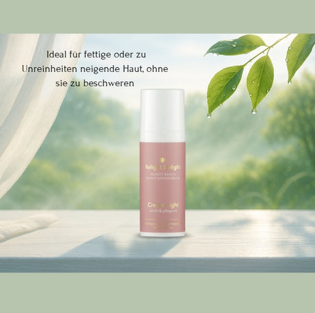 Ein Lifestyle-Foto, das die Produktflasche Beauty Basics - Cream light in einer natürlichen, ruhigen Umgebung zeigt. Das Produkt steht auf einem weißen Holztisch. Links ist ein weißer, durchsichtiger Vorhang zu sehen, der sanft im Wind weht. Über dem Produkt hängen grüne Blätter mit Wassertropfen. Im Hintergrund liegt eine unscharfe, weiche grüne Wiese, die eine friedliche Atmosphäre schafft. Links neben der Flasche steht der Text "Ideal für fettige oder zu Unreinheiten neigende Haut, ohne sie zu beschweren