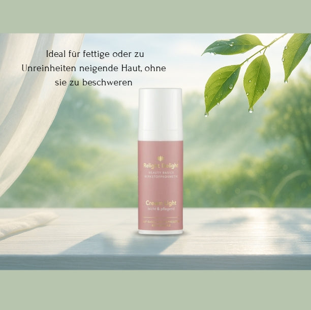 Ein Lifestyle-Foto, das die Produktflasche Beauty Basics - Cream light in einer natürlichen, ruhigen Umgebung zeigt. Das Produkt steht auf einem weißen Holztisch. Links ist ein weißer, durchsichtiger Vorhang zu sehen, der sanft im Wind weht. Über dem Produkt hängen grüne Blätter mit Wassertropfen. Im Hintergrund liegt eine unscharfe, weiche grüne Wiese, die eine friedliche Atmosphäre schafft. Links neben der Flasche steht der Text "Ideal für fettige oder zu Unreinheiten neigende Haut, ohne sie zu beschweren