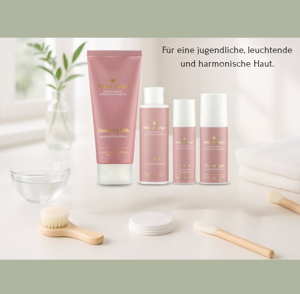 Auf dem Bild ist das Hautpflegeset Beauty Basics Set Light auf einem weißen Tisch zu sehen. Im Zentrum stehen vier Produkte der Marke Relight Delight. Links ist eine große, rosafarbene Tube mit der Aufschrift „Cleansing Milk“.
Daneben stehen drei kleinere Flaschen: „Tonic“, „Serum“ und „Cream light“.

Links vor den Produkten befindet sich eine kleine Glasschale mit Wasser und ein Reinigungsbürstchen mit Holzgriff.
Rechts liegen Wattepads und zwei Kosmetikpinsel.Im Hintergrund verschwommen eine Pflanze.