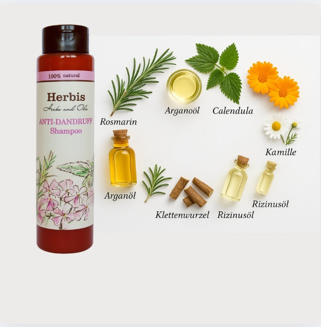 Alt-Text: "Kreisförmige Anordnung natürlicher Inhaltsstoffe des HERBIS Anti Schuppen Shampoos. In Bild und Schrift :Rosmarin, Argan, Calendula, Kamille, Rizinusöl, Klettenwurzel und Arganöl daneben eine Shampooflasche