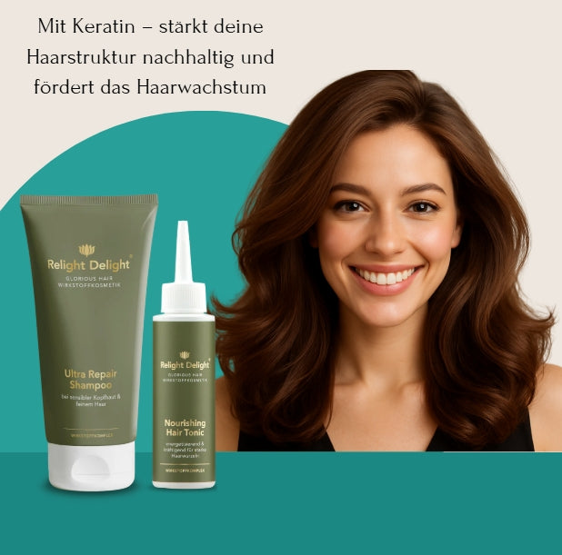 Ein Bild einer Frau mit feinem, voluminösem Haar, dazu die Produkte Glorious Hair – Ultra Repair Duo von Relight Delight und die Aufschrift: Mit Keratin- stärkt deine Haarstruktur nachhaltig und fördert das Haarwachstum