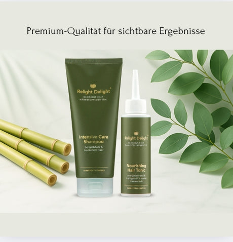 Spa-ähnliche Atmosphäre – beruhigend und hochwertig in der Mitte die beiden Produkte aus dem Haarset Glorious Hair von Relight Delight für trockenes Haar und die Aufschrift Premium Qualität für sichtbare Ergebnisse