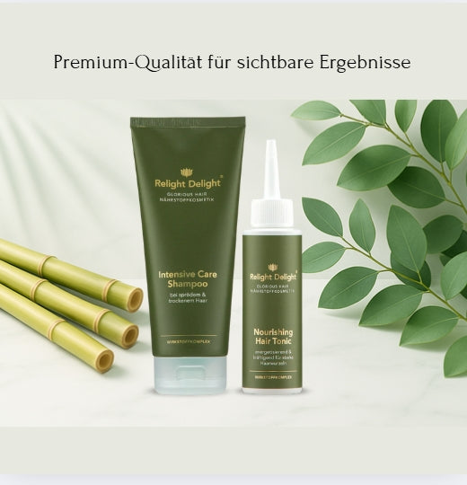 Spa-ähnliche Atmosphäre – beruhigend und hochwertig in der Mitte die beiden Produkte aus dem Haarset Glorious Hair von Relight Delight für trockenes Haar und die Aufschrift Premium Qualität für sichtbare Ergebnisse