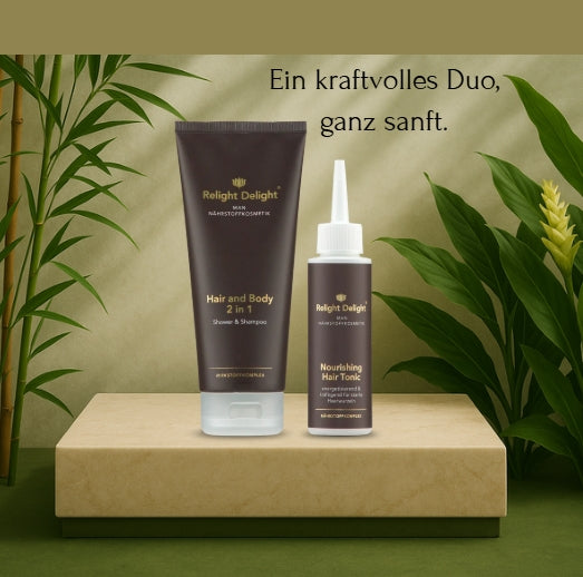 Elegante, natürliche Hintergründe, in der Mitta das Shampoo Hair and Body und das Hair Tonic für den Mann und die Aufschrift Ein kraftvolles Duo