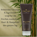 Flasche Hair and Body von Relight Delight. Im Hintergrund Bambus und die Aufschrift: Belebender Ginseng- & Ingwerduft 
 sorgt für ein frisches, maskulines Haut- & Haargefühl den ganzen Tag