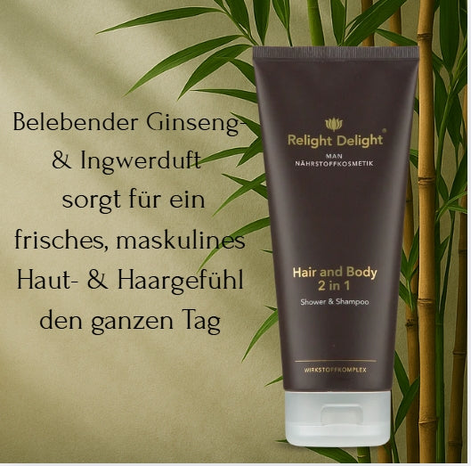 Flasche Hair and Body von Relight Delight. Im Hintergrund Bambus und die Aufschrift: Belebender Ginseng- & Ingwerduft 
 sorgt für ein frisches, maskulines Haut- & Haargefühl den ganzen Tag