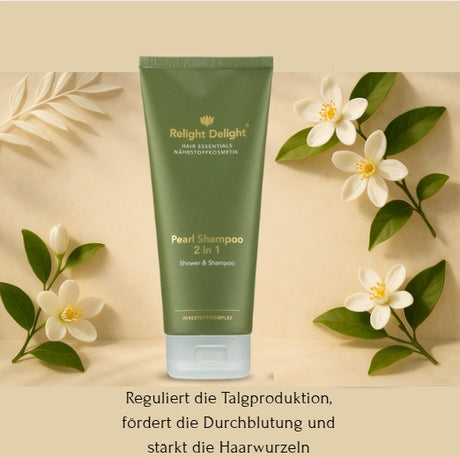 „Sanfte Haarpflege mit weißem Tee und Orange – Pearl Glanz Shampoo. Das Bild zeigt das Shampoo mit edlem Hintergrund 