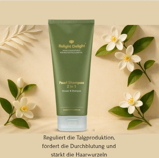 „Sanfte Haarpflege mit weißem Tee und Orange – Pearl Glanz Shampoo. Das Bild zeigt das Shampoo mit edlem Hintergrund 