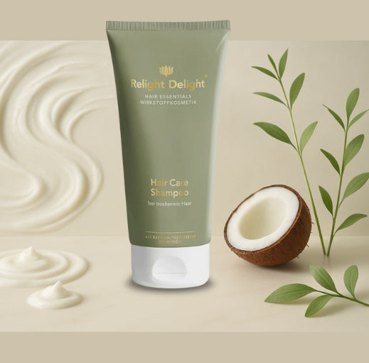 Elegantes Bild, im Hintergrund eine Kokosnuss, in der Mitte die Flasche Hair Care Shampoo 