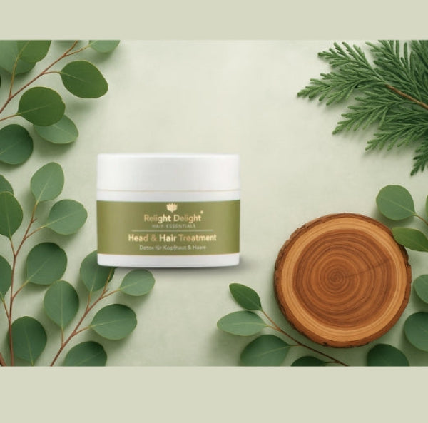Das Bild spiegelt den Detox- und Spa-Charakter des Head & Hair Treatments wider - mit natürlichen Elementen  und heilenden Pflanzenextrakten.