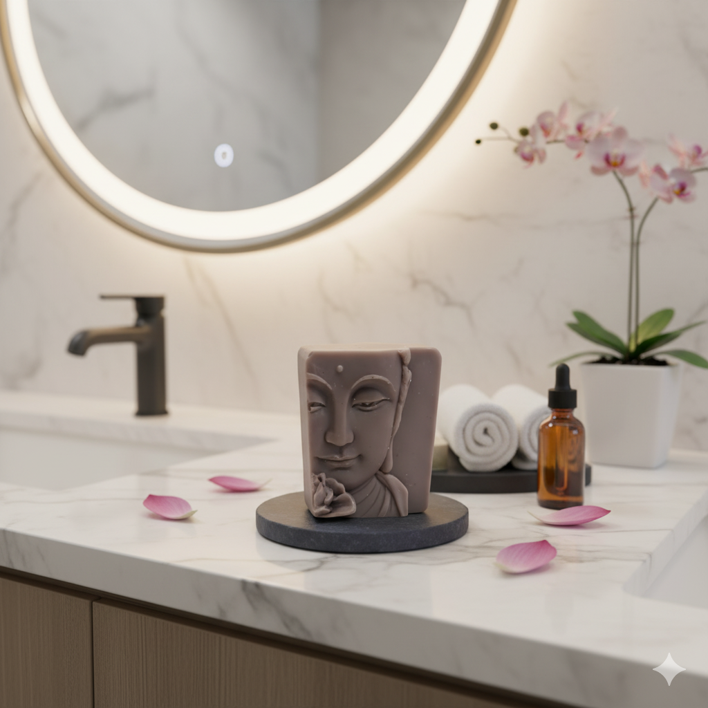 Gerne, hier ist ein Alttext für das Bild des Produkts im Badezimmer:

"Ein rechteckiges Stück Seife mit einem eingeprägten Buddha-Gesicht steht auf einer dunklen Unterlage auf einem hellen Waschtisch. Im Hintergrund sind ein runder beleuchteter Spiegel, ein schwarzer Wasserhahn, gerollte weiße Handtücher, eine Orchidee und eine braune Flasche mit Pipette zu sehen. Einige rosa Blütenblätter liegen auf dem Waschtisch verstreut."