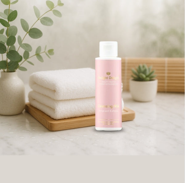 Das Bild zeigt eine ruhige Badeszene, in deren Mitte die Beauty Basics Cleansing Milk von Relight Delight steht. Die Flasche in sanftem Rosé mit goldenem Aufdruck ist umgeben von typischen Spa-Elementen: ein Stapel weißer, flauschiger Handtücher auf einem Holzbrett, eine Vase mit Eukalyptuszweigen und eine kleine Sukkulente. Die insgesamt helle und harmonische Gestaltung des Bildes vermittelt ein Gefühl von Entspannung und Reinheit.