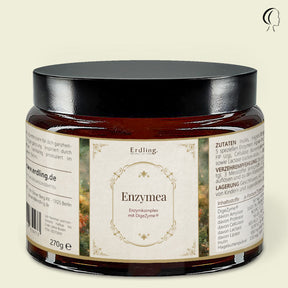 wunderschön und edel das in Braunglas mit cremefarbenem Etikett und goldenen Verzierungen. Schriftzg in braun Enzymea - Enzymkomplex mit DigeZyme