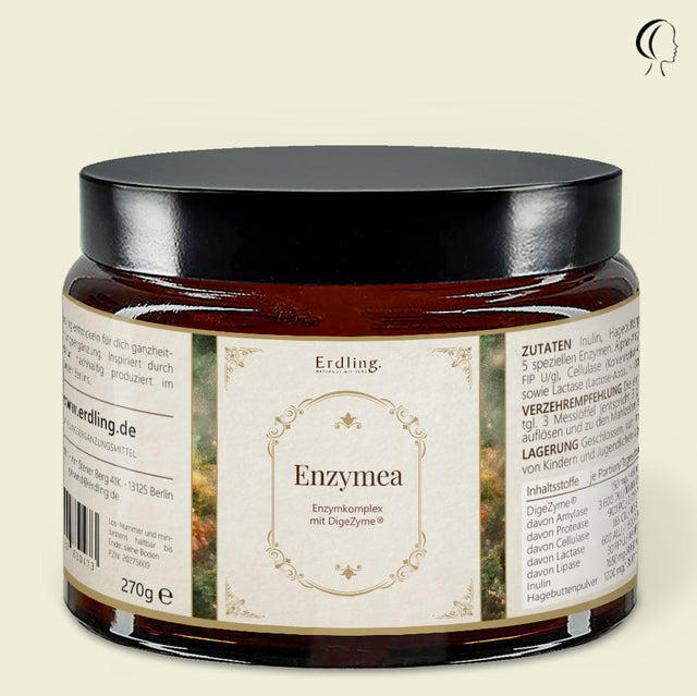 wunderschön und edel das in Braunglas mit cremefarbenem Etikett und goldenen Verzierungen. Schriftzg in braun Enzymea - Enzymkomplex mit DigeZyme