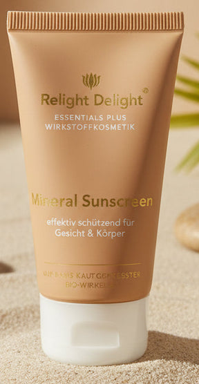 Essentials Plus Mineral Sunscreen To Go parfümfrei - Natürlicher Sonnenschutz für empfindliche Haut, Tube mit weiße Verschluss und goldener Aufschrift