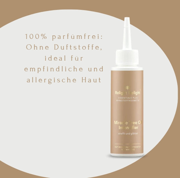 Flasche Miracle Tree Oil von Relight Delight und die Aufschrift: 100% parfümfrei: Ohne Duftstoffe, ideal für empfindliche und allergische Haut
