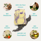 Feuchtigkeitsspendende Lavendel Sole Seife von kleine Auszeit mit bio Sheabutter Bio Kokosöl Bio Olivenöl und Bio Distelöl